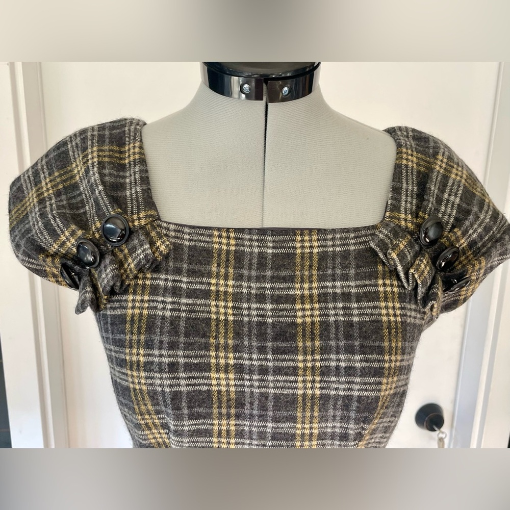 Nanette Lepore wool midi dress, grey/yellow tartan, buttons, cap sleeves, 0 - Picture 3 of 13
